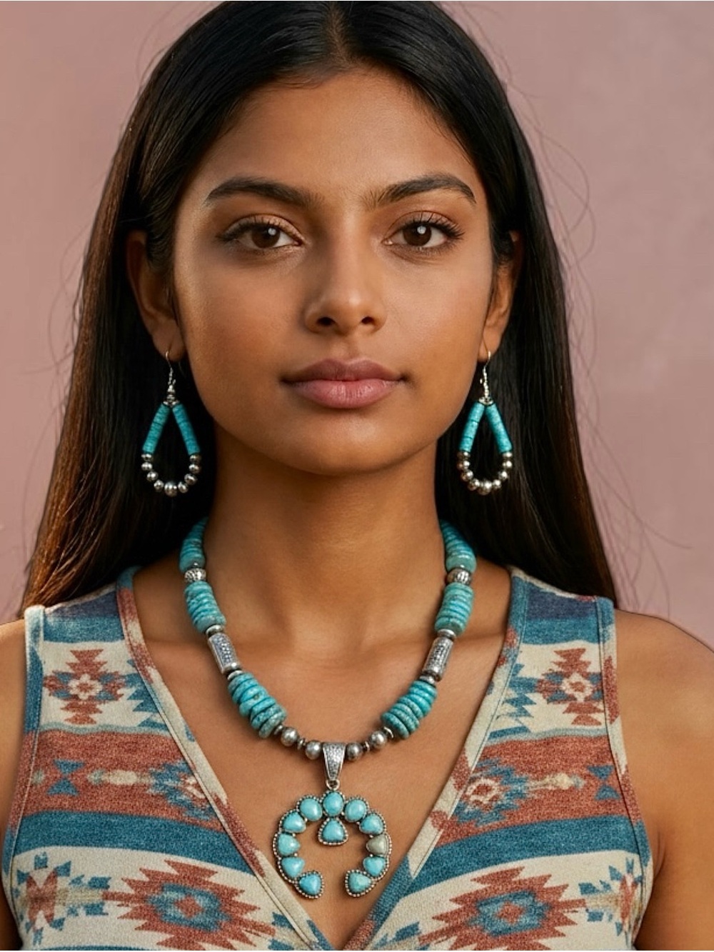 Sterling Silver Navajo Pearls Turquoise Squash Blossom Naja Pendant Necklace - Picture 2 of 10